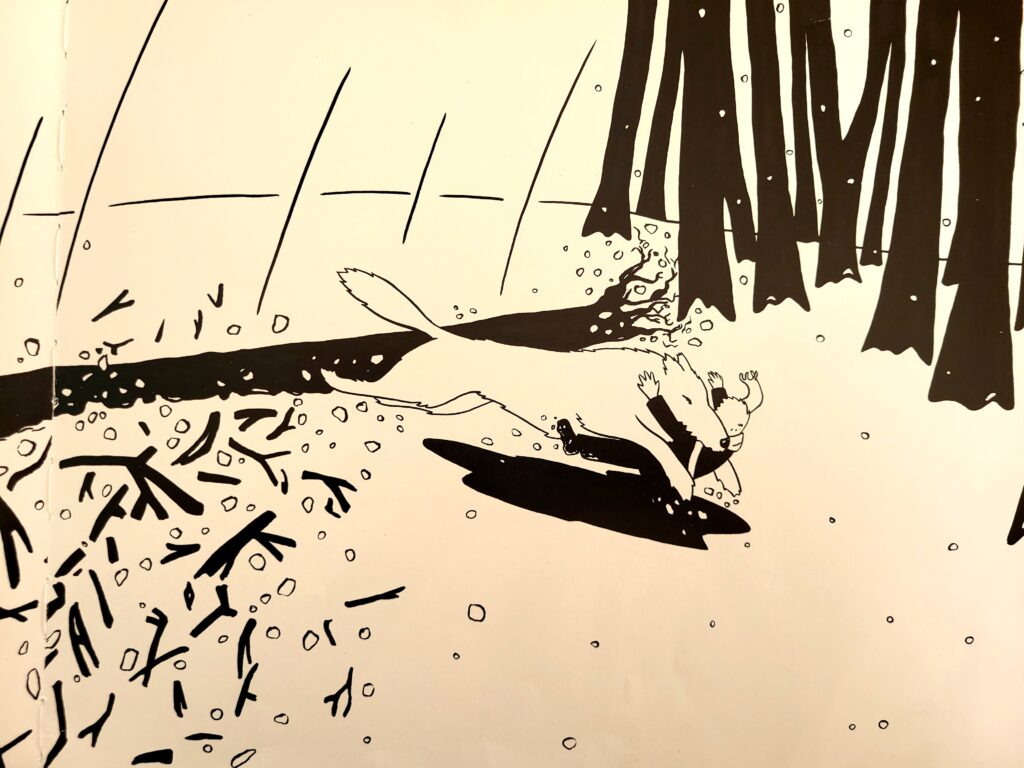 Loup noir bondit sur le jeune garçon. Mais veut-il l'agresser ou vient-il de le sauver de la chute d'un arbre ?